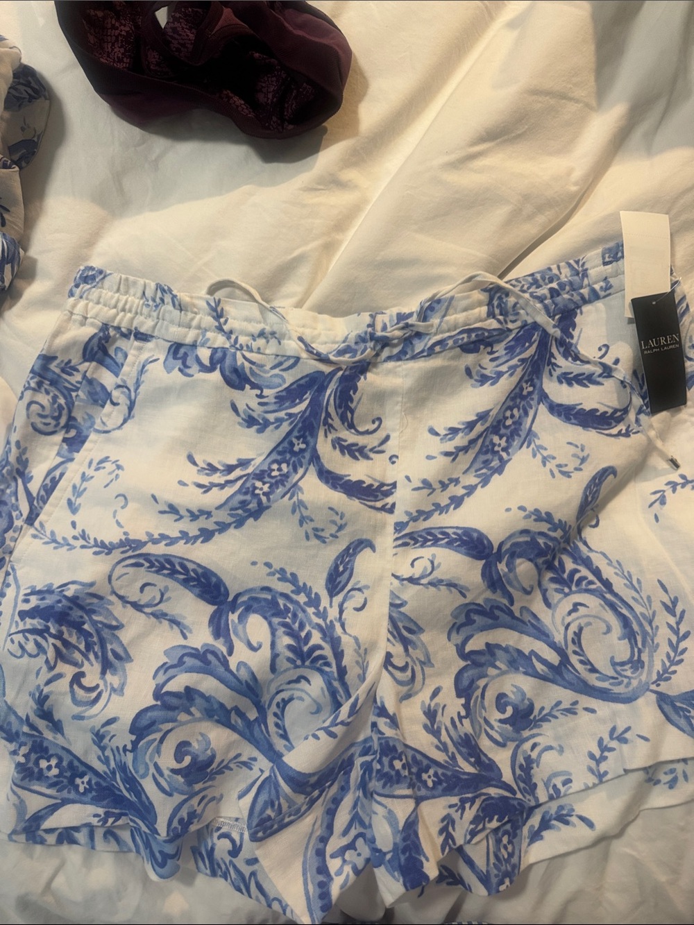 Lauren Ralph Lauren White High-Waist Drawstring Shorts with Blue Scroll Print